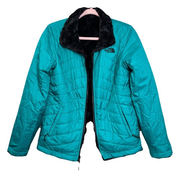 The North Face Women's Small Reversible Mossbud Jacket‎ Teal Black Faux Fur Cozy